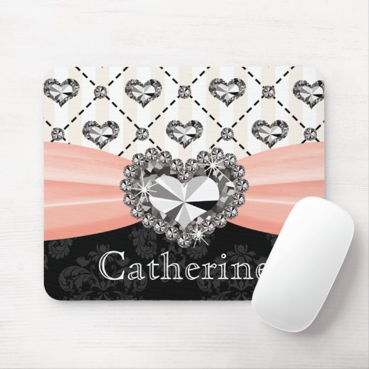 Roze en zwarte Damask Diamond Muismat Heart (Met muis)