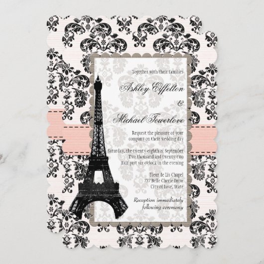 Roze en zwarte Damask Eiffel Tower Weddenschap Kaart (Voorkant / Achterkant)