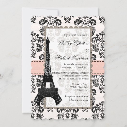 Roze en zwarte Damask Eiffel Tower Weddenschap Kaart (Voorkant)