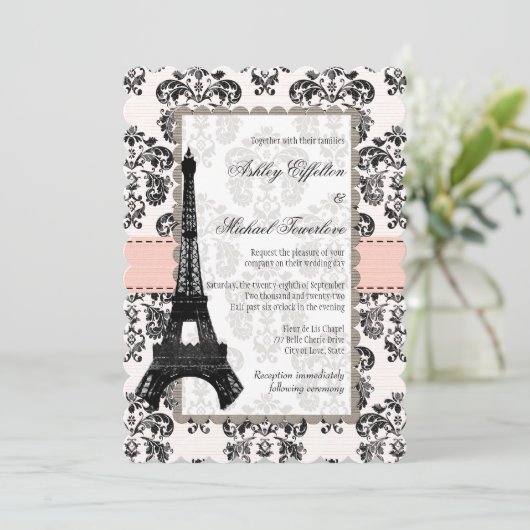 Roze en zwarte Damask Eiffel Tower Weddenschap Kaart (Staand voorkant)