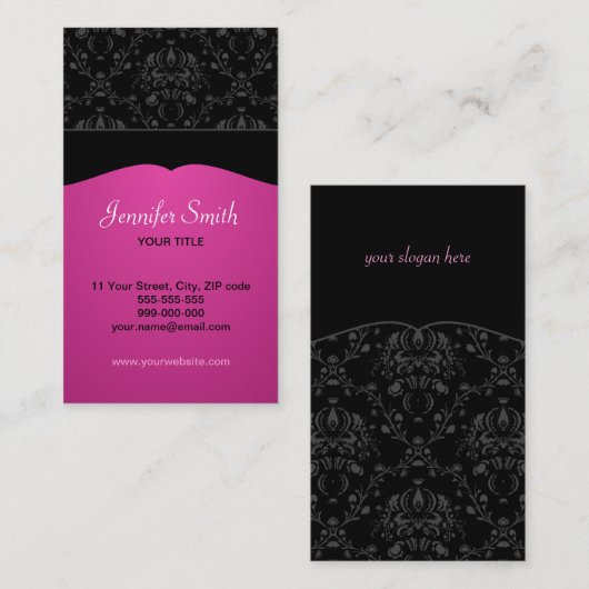 Roze en zwarte Damask Elegant visitekaartje (Voorkant / Achterkant)