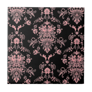 Roze en zwarte Damask-keramische Tegel Tegeltje