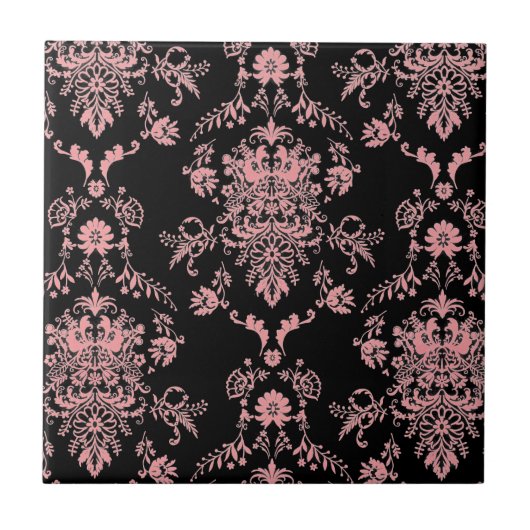 Roze en zwarte Damask-keramische Tegel Tegeltje (Voorkant)