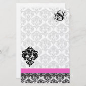 Roze en zwarte Damask-monogram Briefpapier (Voorkant / Achterkant)