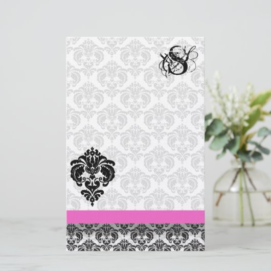 Roze en zwarte Damask-monogram Briefpapier (Staand voorkant)