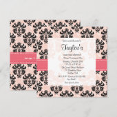 Roze en zwarte Damask Sweet Sixteen-uitnodigingen Kaart (Voorkant / Achterkant)
