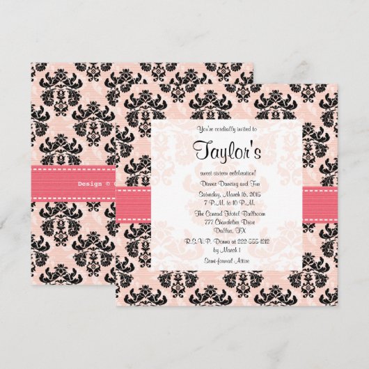 Roze en zwarte Damask Sweet Sixteen-uitnodigingen Kaart (Voorkant / Achterkant)