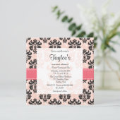 Roze en zwarte Damask Sweet Sixteen-uitnodigingen Kaart (Staand voorkant)