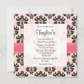 Roze en zwarte Damask Sweet Sixteen-uitnodigingen Kaart (Voorkant)