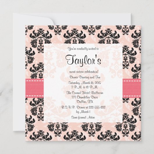 Roze en zwarte Damask Sweet Sixteen-uitnodigingen Kaart (Voorkant)