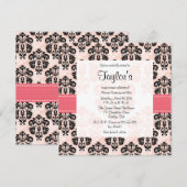 Roze en zwarte Damask Sweet Sixteen-uitnodigingen Kaart (Voorkant / Achterkant)