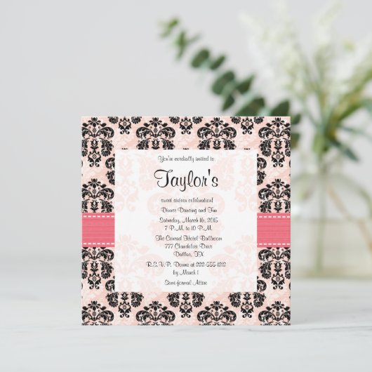 Roze en zwarte Damask Sweet Sixteen-uitnodigingen Kaart (Staand voorkant)