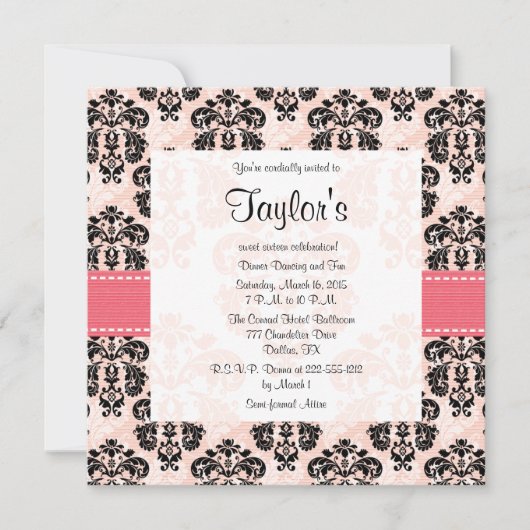 Roze en zwarte Damask Sweet Sixteen-uitnodigingen Kaart (Voorkant)
