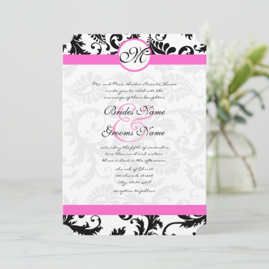 Roze en zwarte Damask Swirls Weddenschap Kaart (Staand voorkant)