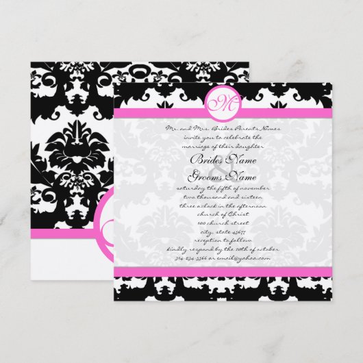 Roze en zwarte Damask Swirls Wedding Invitation Kaart (Voorkant / Achterkant)