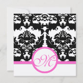 Roze en zwarte Damask Swirls Wedding Invitation Kaart (Achterkant)
