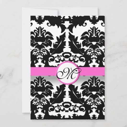 Roze en zwarte Damask Swirls Wedding Invitation Kaart (Voorkant)