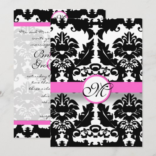 Roze en zwarte Damask Swirls Wedding Invitation Kaart (Voorkant / Achterkant)