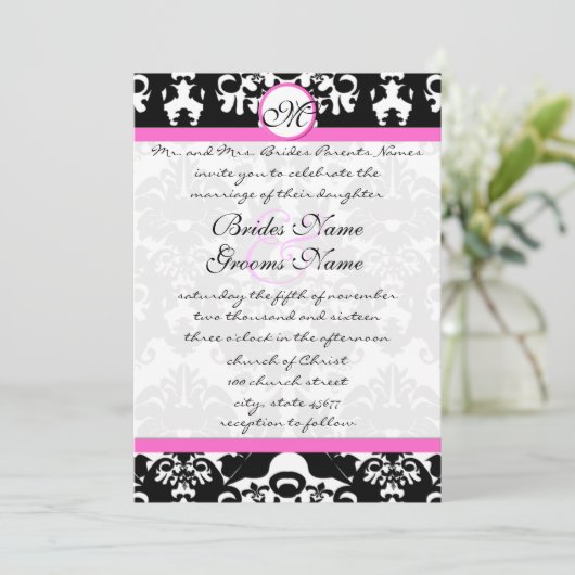 Roze en zwarte Damask Swirls Wedding Invitation Kaart (Staand voorkant)