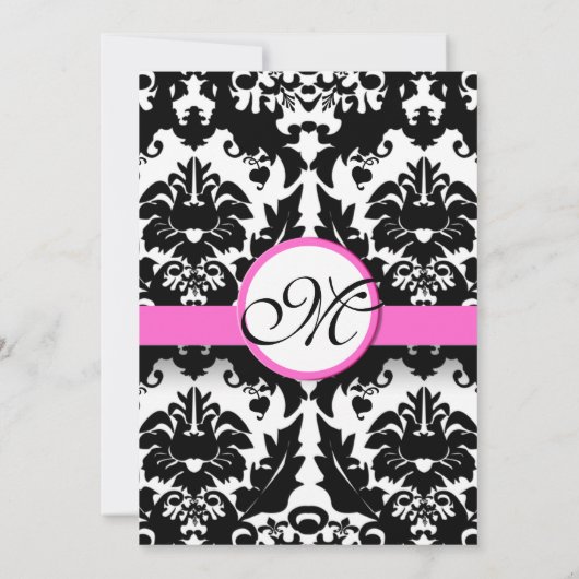 Roze en zwarte Damask Swirls Wedding Invitation Kaart (Achterkant)