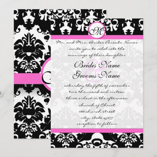 Roze en zwarte Damask Swirls Wedding Invitation Kaart (Voorkant / Achterkant)
