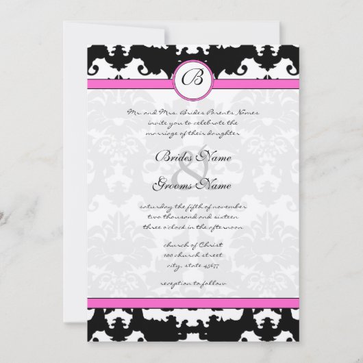 Roze en zwarte Damask Swirls Wedding Invitation Kaart (Voorkant)