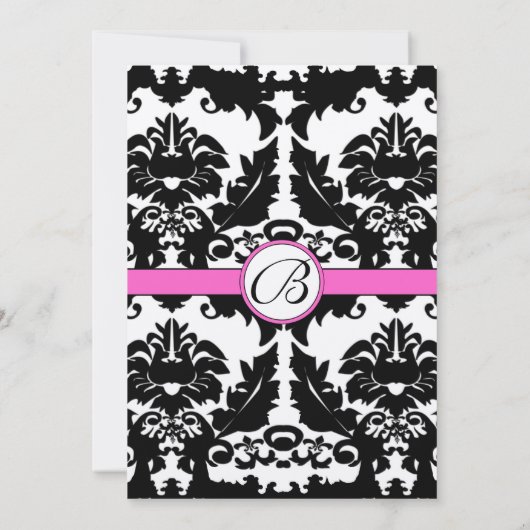 Roze en zwarte Damask Swirls Wedding Invitation Kaart (Achterkant)