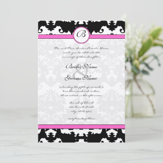 Roze en zwarte Damask Swirls Wedding Invitation Kaart (Staand voorkant)