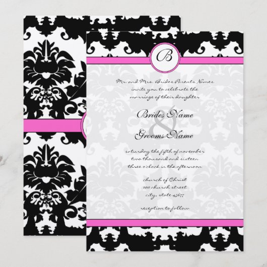 Roze en zwarte Damask Swirls Wedding Invitation Kaart (Voorkant / Achterkant)