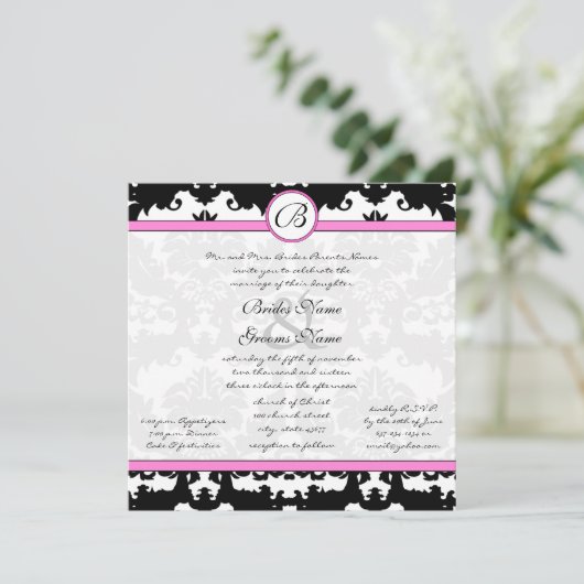 Roze en zwarte Damask Swirls Wedding Invitation Kaart (Staand voorkant)