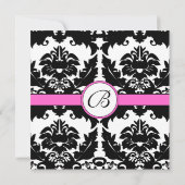 Roze en zwarte Damask Swirls Wedding Invitation Kaart (Achterkant)