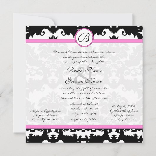 Roze en zwarte Damask Swirls Wedding Invitation Kaart (Voorkant)