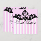 Roze en zwarte Damask verjaardagsuitnodiging Kaart (Voorkant / Achterkant)