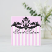 Roze en zwarte Damask verjaardagsuitnodiging Kaart (Staand voorkant)