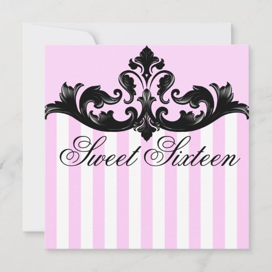 Roze en zwarte Damask verjaardagsuitnodiging Kaart (Voorkant)