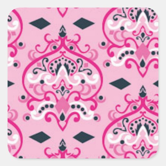 Roze en zwarte Damask Vierkante Sticker (Voorkant)