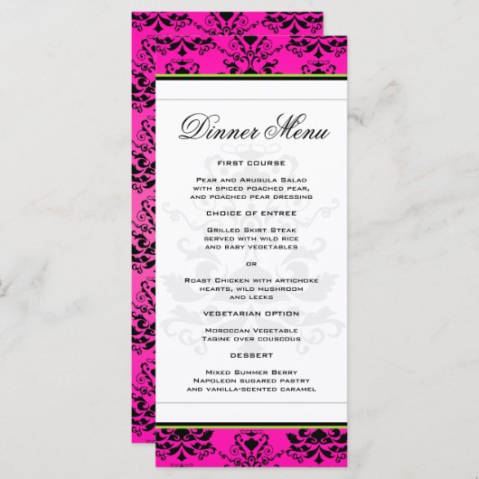 Roze en zwarte Damask w / Green Slim Dinner Menu (Voorkant / Achterkant)
