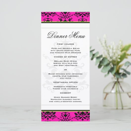 Roze en zwarte Damask w / Green Slim Dinner Menu (Staand voorkant)