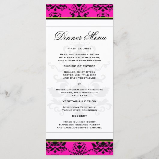 Roze en zwarte Damask w / Green Slim Dinner Menu (Voorkant)