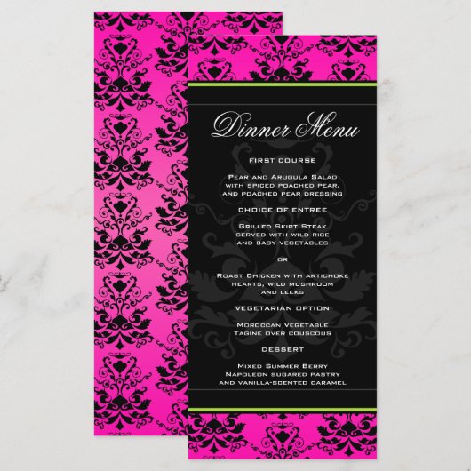 Roze en zwarte Damask w / Green Slim Dinner Menu (Voorkant / Achterkant)