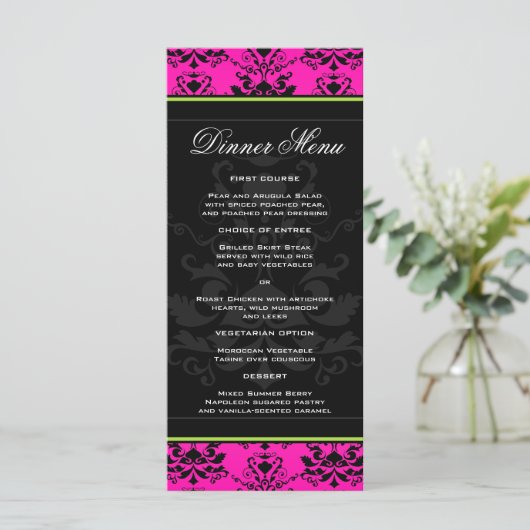 Roze en zwarte Damask w / Green Slim Dinner Menu (Staand voorkant)