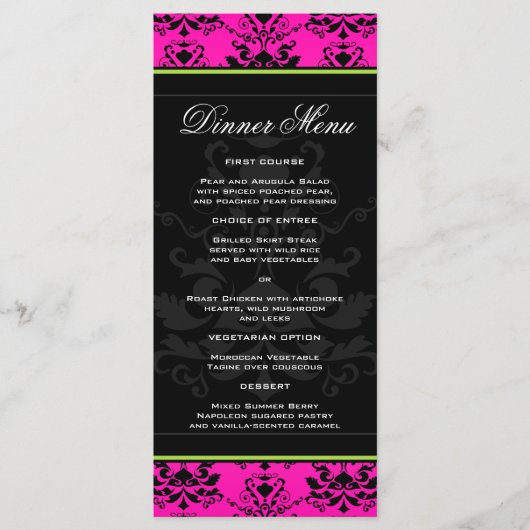 Roze en zwarte Damask w / Green Slim Dinner Menu (Voorkant)