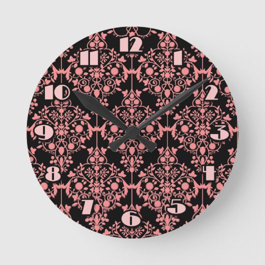 Roze en zwarte Damask Wall Clock Ronde Klok (Voorkant)
