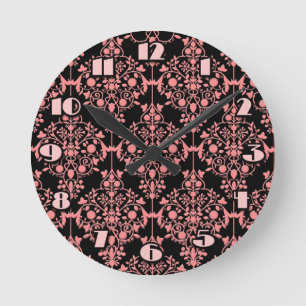 Roze en zwarte Damask Wall Clock Ronde Klok