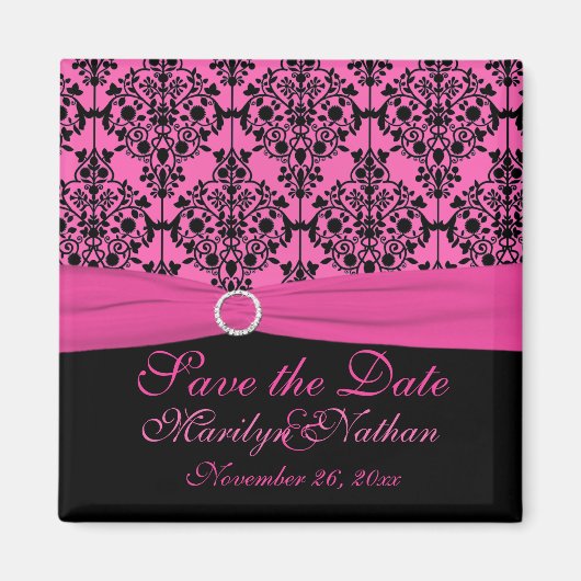 Roze en zwarte Damask Wedding Favor Magnet (Voorkant)