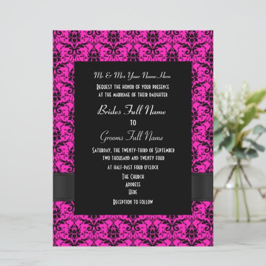 Roze en zwarte damast formele bruiloft kaart (Staand voorkant)