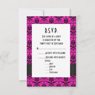 Roze en zwarte damast formele bruiloft R.S.V.P RSVP Kaartje