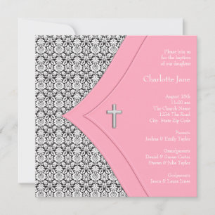 Roze en Zwarte Damast Meisje Doop Christening Kaart