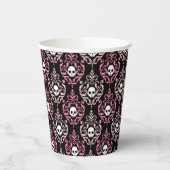 Roze en zwarte damast met schedels | Halloween Papieren Bekers (Links)
