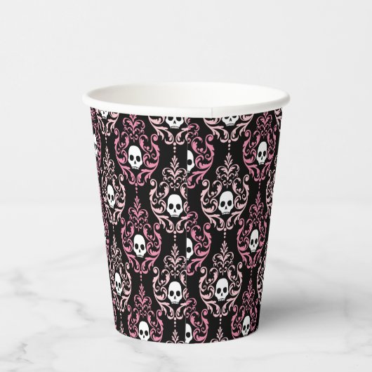 Roze en zwarte damast met schedels | Halloween Papieren Bekers (Rechts)